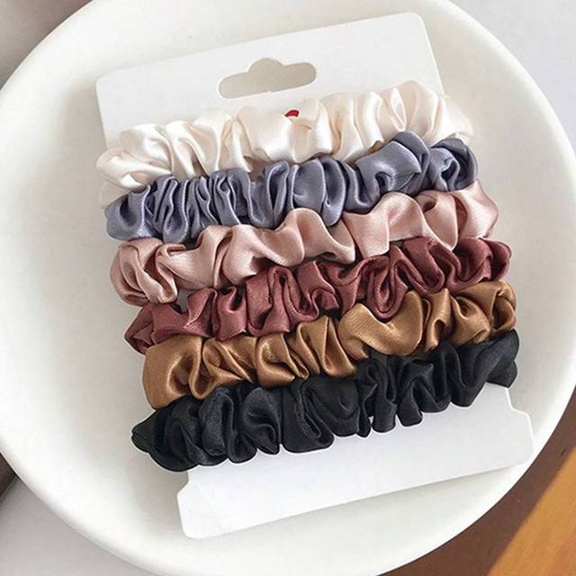 SHEIN 6pcs Women Satin Silk Scrunchies, Black/White/Pink/Blue, Medium Size Hair Ties With Elegance, Retro, Simple And Minimalist Style, Perfect For Daily Ca