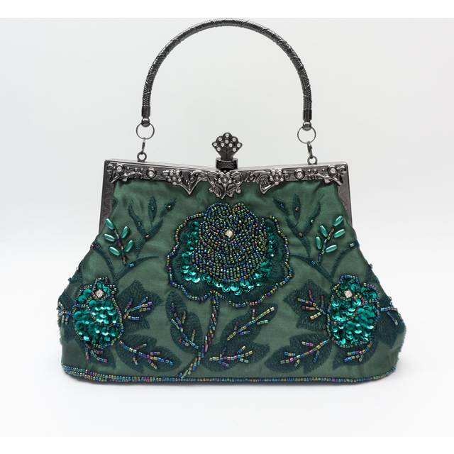 TEMU Vintage Floral Embroidered Clutch Handbag, Removable Strap, Closure, Polyester Lining, Dark Green Champagne Silvery Grey Burgundy Black Grey For Wedding Party