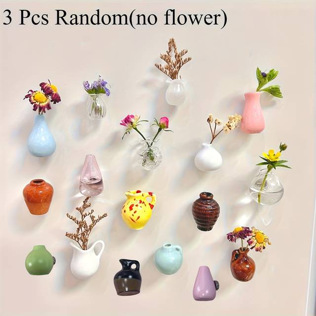 TEMU 3 Mini Magnetic Vases - 2025 New Ceramic Flower Vase, Ideal For Decorative Mini Fridge Magnets, For Kitchen, Office And Storage Cabinet, Vase Decoration