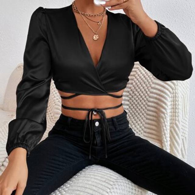 SHEIN Lantern Sleeve Wrap Knot Front Crop Satin Blouse