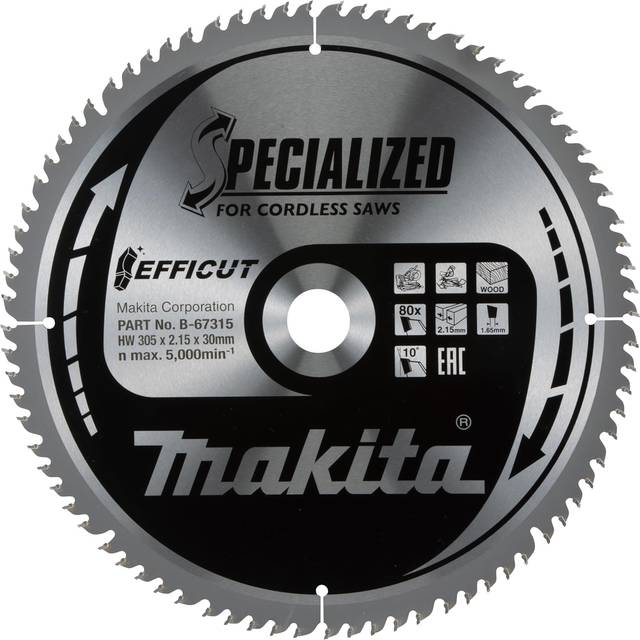 B-67262 305mm x 30mm 80 Teeth Efficut Cordless Mitre Saw Table Saw Blade - Makita