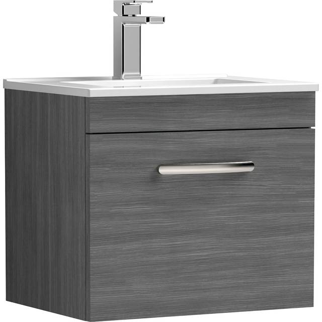 Nuie Athena 500 Wall Hung Single Drawer Vanity & Minimalist Basin - Grey Woodgrain, Grey