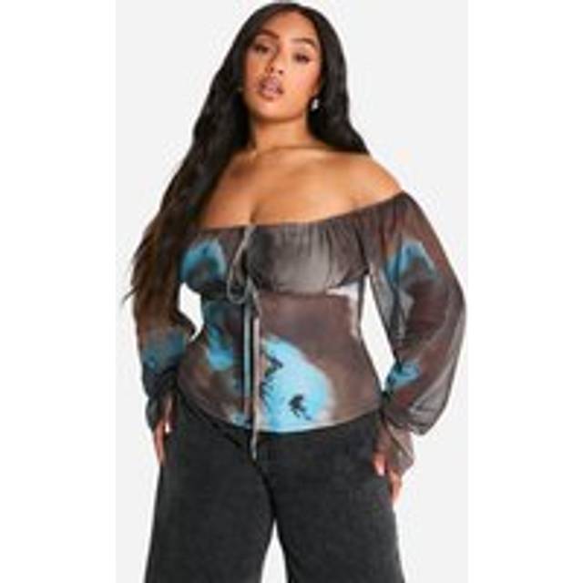 Womens Plus Large Floral Mesh Sleeve Bardot Corset Top - Brown - 26