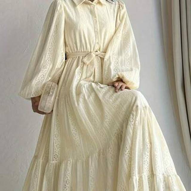 SHEIN Women&#39;s Casual Elegant Solid Color Lace Lantern Sleeve Dress, Modest