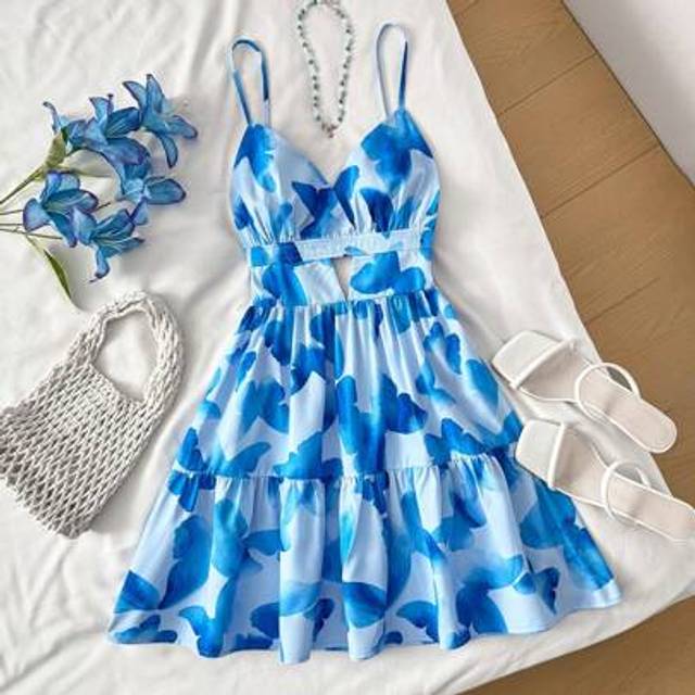 SHEIN Teen Girl Holiday Spaghetti Strap V-Neck Hollow Out A-Line Backless Dress
