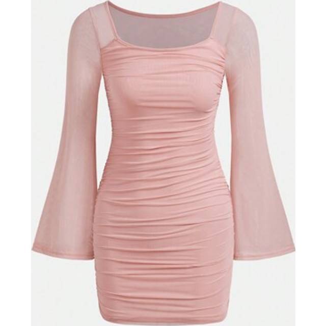 SHEIN Tween Girls Elegant Formal Knitted Solid Color Square Neckline Mesh Bell Sleeve Ruched Long Sleeve Dress
