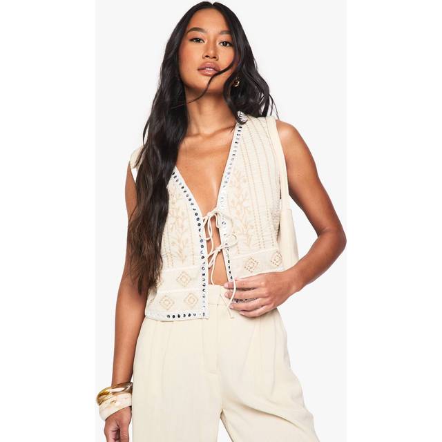 Womens Cotton Embroidered Waistcoat - Beige - 14