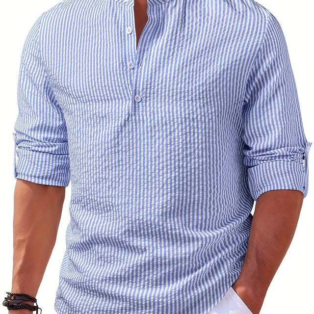 TEMU Men's Casual Striped Henley Shirt - Textured Random Print, Collar, Button Front, Machine Washable, Fit, Summer Fashion, Classic Striped Design, Durable Casualwear