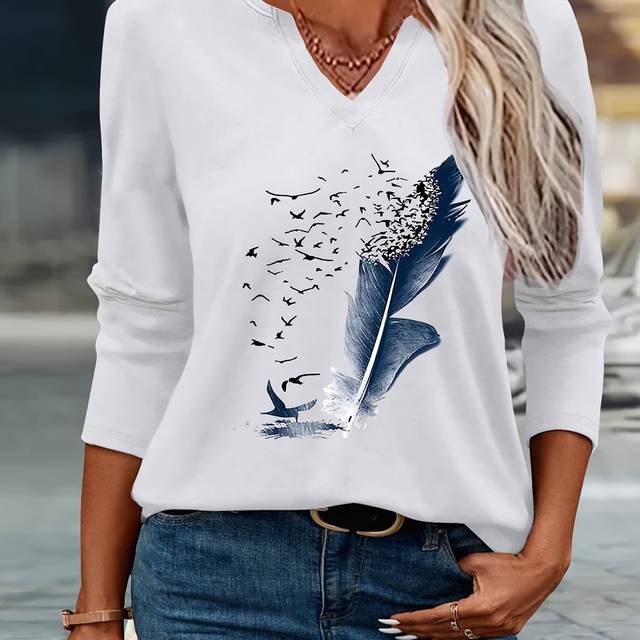 TEMU 2025 , Print Spring And Summer Fashion Simple Women's Casual V-neck Three-quarter Sleeve T-shirt 79-a41-544