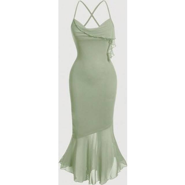 SHEIN Solid Color Splicing Mesh Tail Hem Cami Dress,Pastel Dresses For Women
