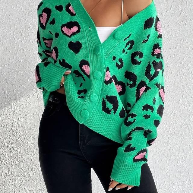 TEMU Women's Spring And Autumn Jacquard Versatile Leopard Print Elegant Style Casual Sweater