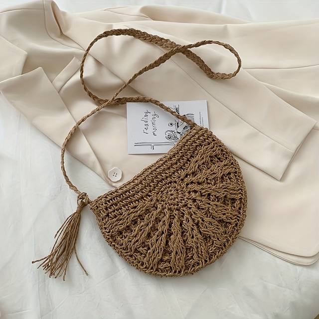 TEMU Handmade Boho Chic Half-moon Crossbody Bag With Tassel Detail - Straw Woven Beach Vacation Shoulder Bag, Zip Closure, Polyester Lined, Outing