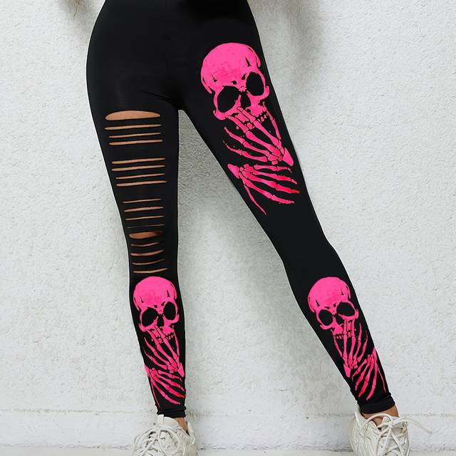 TEMU Women's High-elasticity Halloween Skeleton Print Ripped Knee-length Leggings - Stretchy, Cropped Design With Skull Pattern, Costume Parties & Casual Outfit