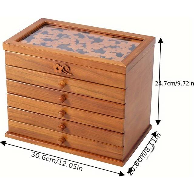 TEMU Large Wooden Jewellery Boxes Storage Case 6 Drawers Cabinet Necklace Organizers