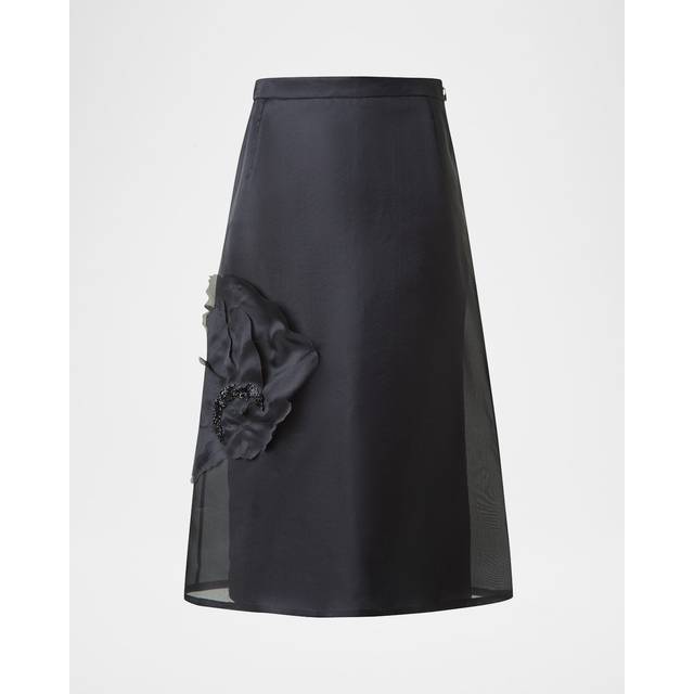 Anemone Corsage Organza Midi Skirt - BLACK - 6