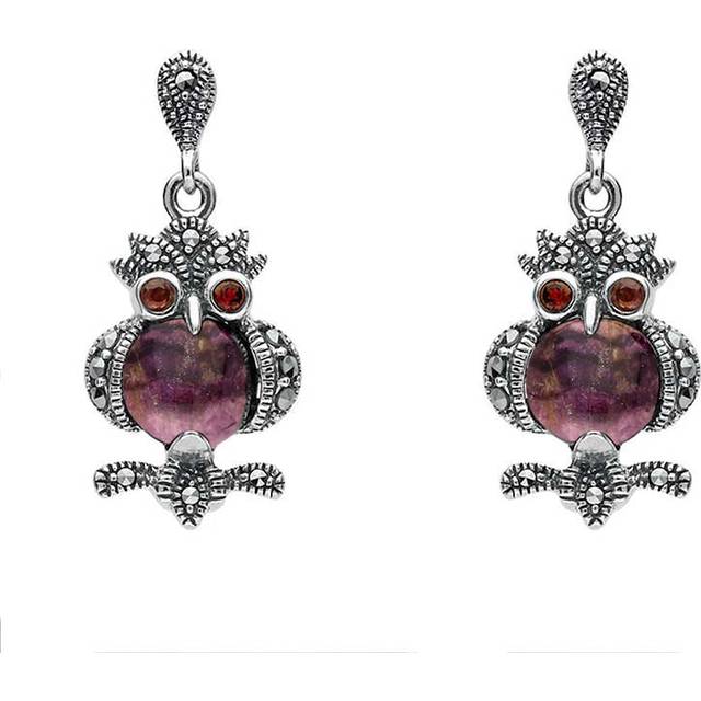 Sterling Silver Blue John Marcasite and Garnet Owl Drop Earrings - Silver