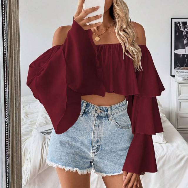 Calvaya 1pc Women&#39;s Ruffle Keyhole Neck Ruffle Trim Long Sleeve Blouse Off The Shoulder Top