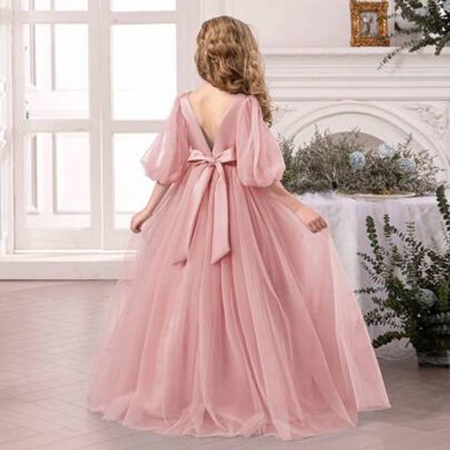 SHEIN Tween Girl Pink Lace Trim Bow Tulle Elegant Princess Dress, Suitable For Girls Birthday Gift, Teenager Party, Wedding Flower Girl, Prom Gown