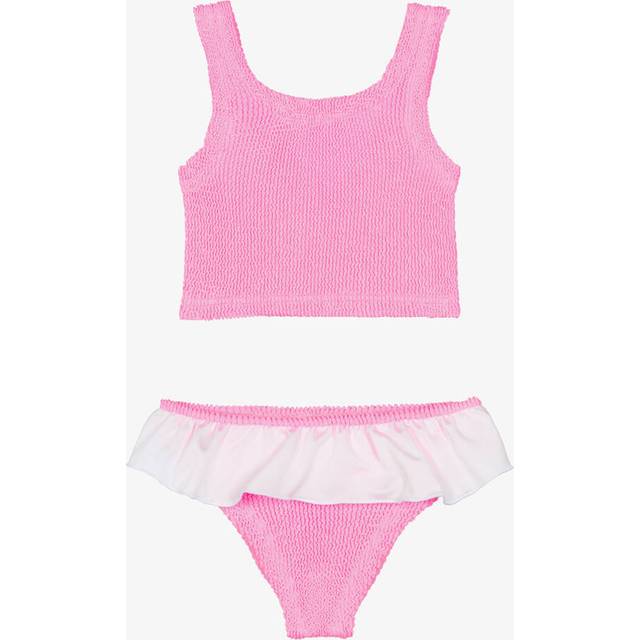 Hunza G Girls Bubblegum Pink Crinkle Bikini With White Frill - 3-6 year