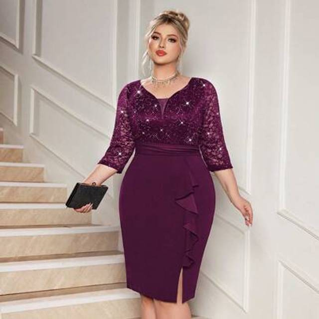 SHEIN Plus Deep V-Neck Sequin Floral Lace Contrast Ruffle Trim Split Hem Evening Party Bodycon Dress, Semi Formal Wedding Guest Dress, For Birthday, Graduat