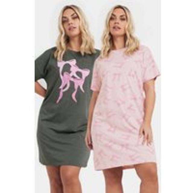 Yours Curve 2 Pack Grey & Pink Bow Print Nightdresses - 38-40