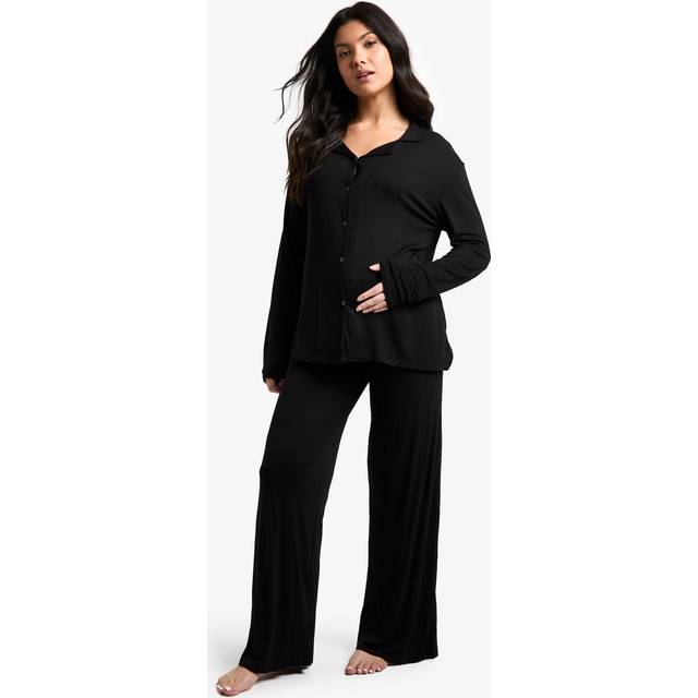 Womens Maternity Long Sleeve Shirt & Trouser Pj Set - Black - 18