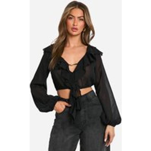 Womens Chiffon Gold Detail Crop Blouse - Black - 10