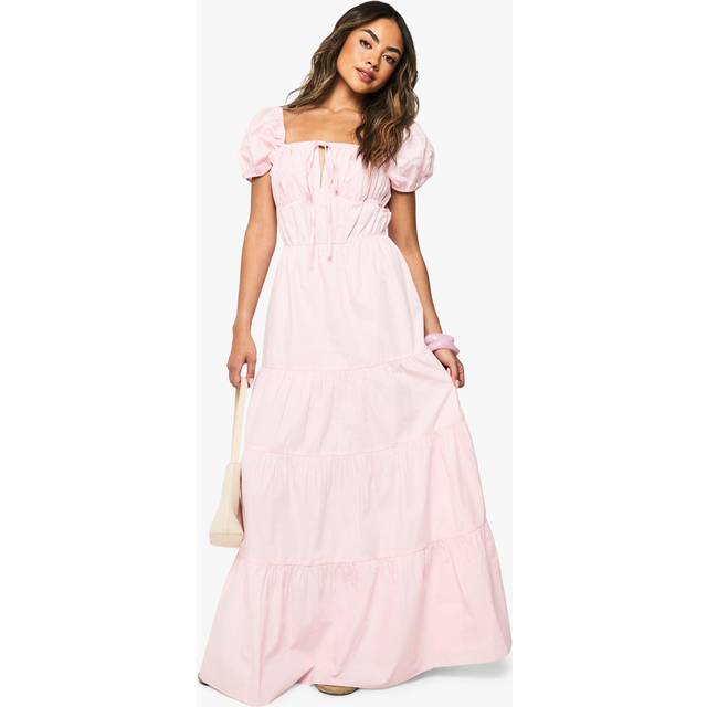 Womens Cotton Poplin Tiered Maxi Dress - Pink - 18, Pink