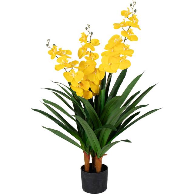 Konstgjord orkidé - 100 cm - 3-grenad - Gula blommor - Konstgjord blomma i svart kruka (100-149 cm)