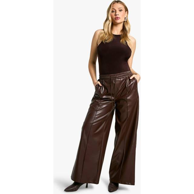 Womens Maternity Elasticated Waist Pu Wide Leg Jogger - Brown - 10
