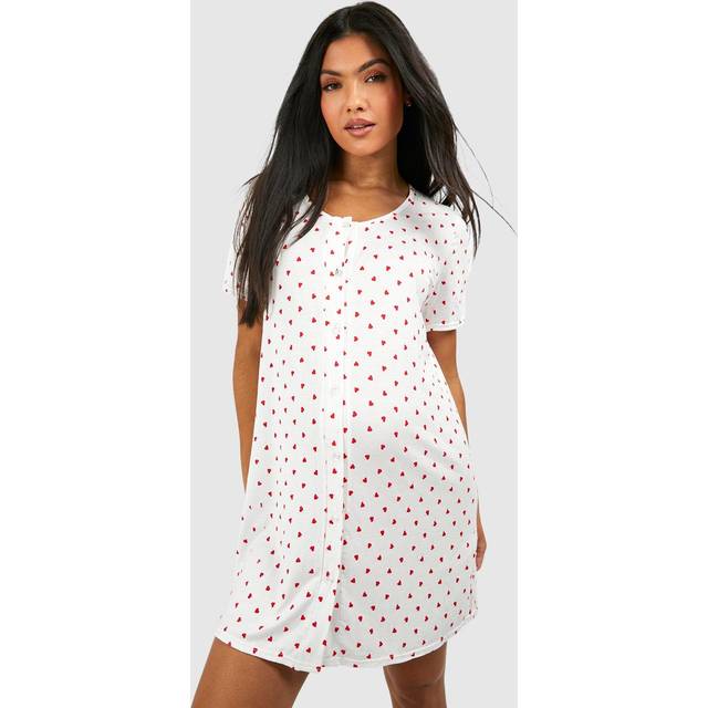 boohoo Women's Maternity Button Through Heart Print Nightie in Cream | Size: 10
