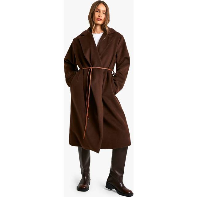 Womens Faux Leather Belt Wool Look Coat - Brown - 14, Brown
