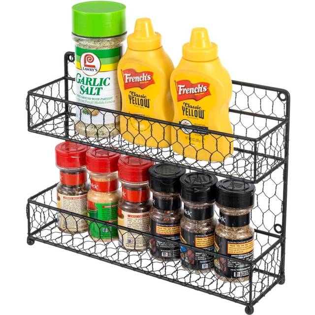 MyGift Farmhouse Style Metal Wire Spice Rack - Wall Mount or Kitchen Countertop 2-Tier Seasoning Jar Storage Organizer  Black