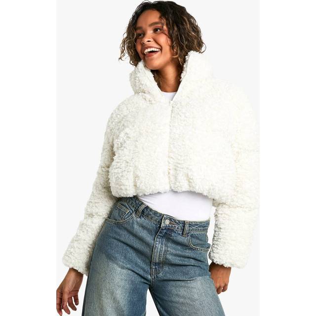 Womens Faux Fur Crop Puffer Jacket - White - 14, White
