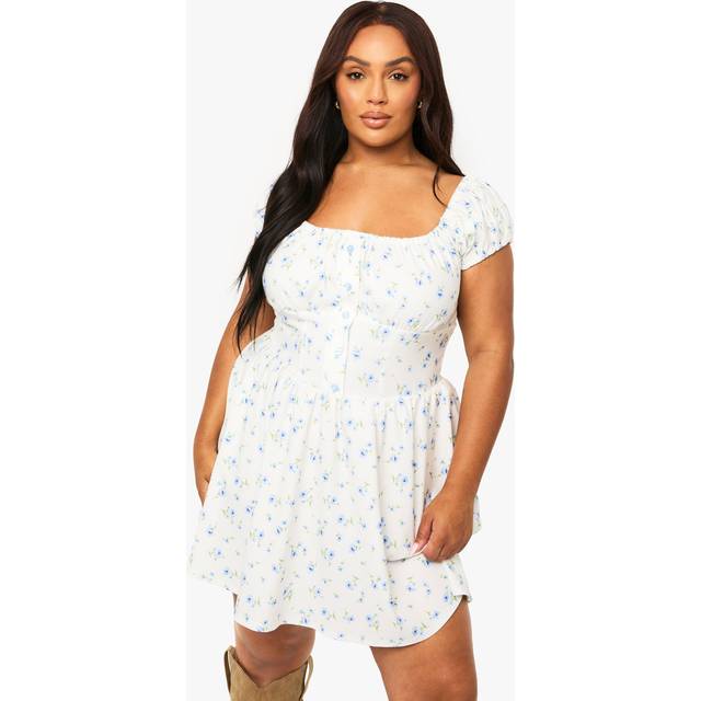 Womens Plus Bengaline Ditsy Mini Skater Dress - Ivory - 16