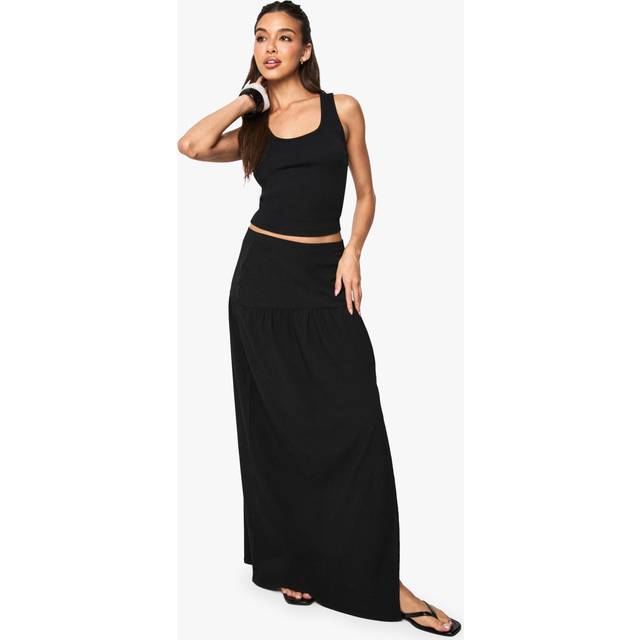 Womens Textured Split Front Tiered Maxi Skirt - Black - 16