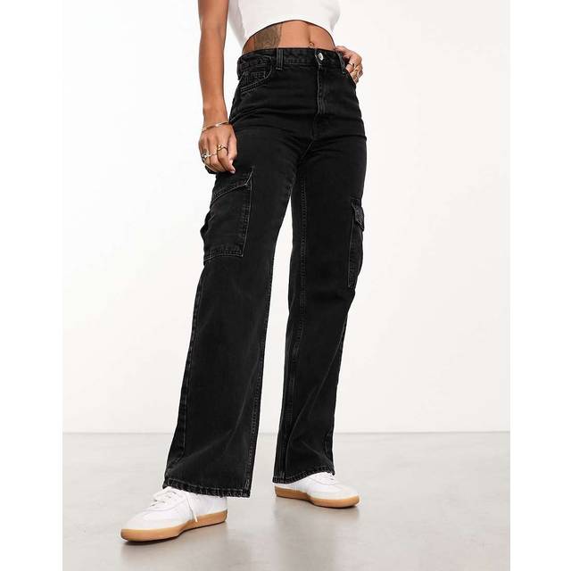 New Look Women's Washed Black High Waist Cargo Jeans - 6L32