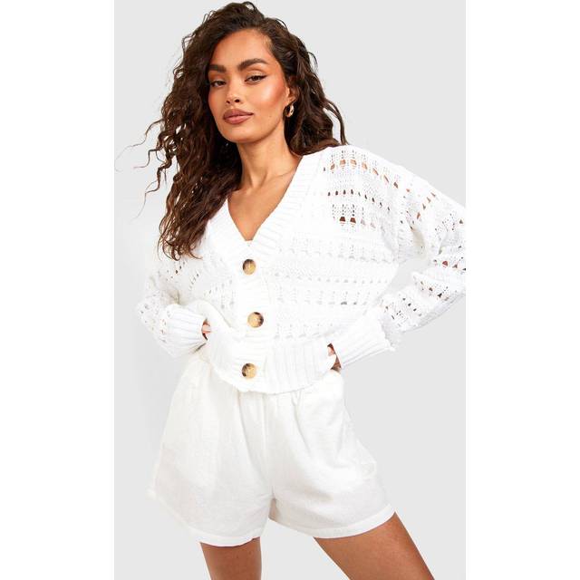 Womens Crochet Button Through Crop Cardigan - White - L, White