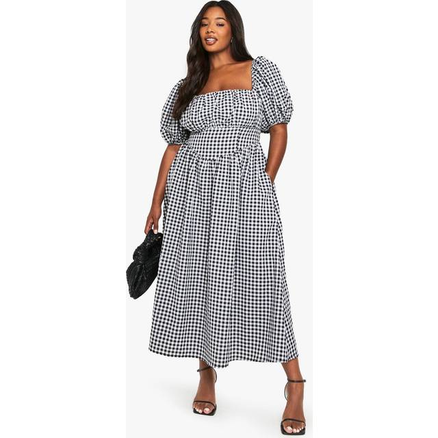 Womens PLUS PUFF SLEEVE GINGHAM SLEEVED SHIRRED MILKMAID DRESS - Black - 22