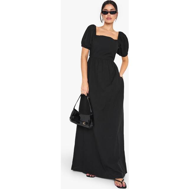 Womens Tall Linen Puff Sleeve Maxi Dress - Black - 12, Black