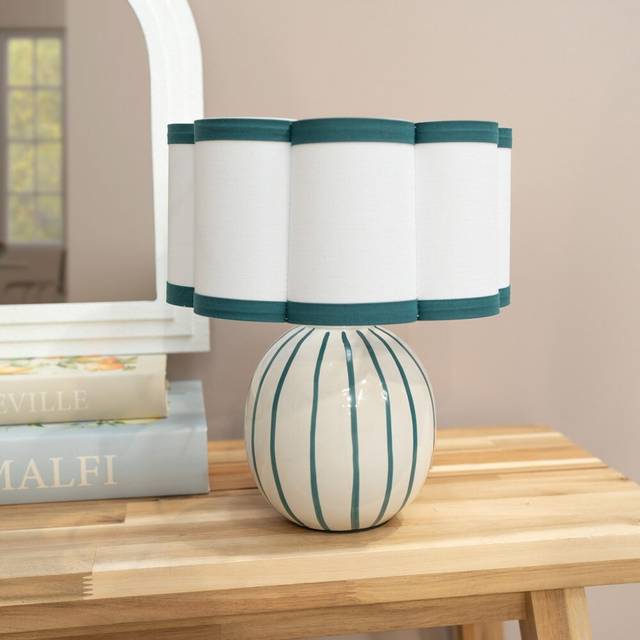 Valuelights Rohan Teal Stripe Ceramic Sphere Table Lamp With Teal Trim Shade In Green - One Size