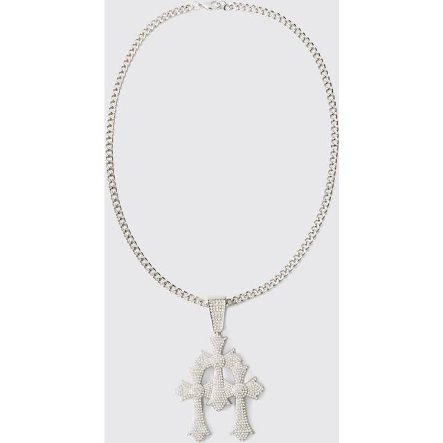 Fully Iced Triple Cross Necklace - Grey - One Size