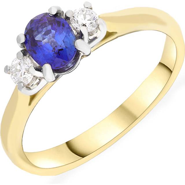 18ct Yellow Gold 0.14ct Diamond & 0.60 Sapphire 3 Stone Oval and Round Cut Ring