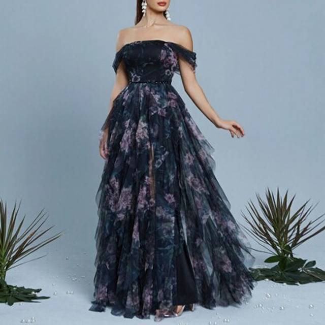 SHEIN Mgiacy New Arrival Off Shoulder Tube Top Romantic Bridesmaid Dress Sequin Belt High Slit Printed Mesh Long Dress