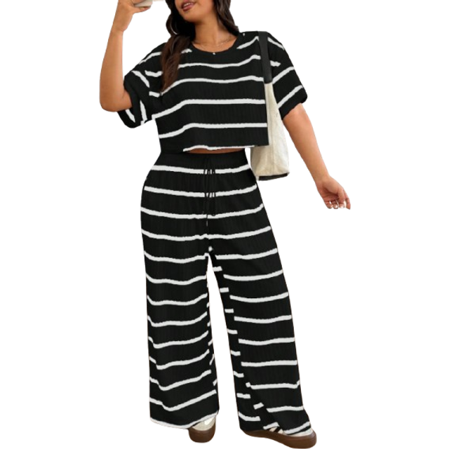 SHEIN Plus Size Summer Striped T-Shirt And Pants 2 Pieces Set 2 Piece Sets Woman