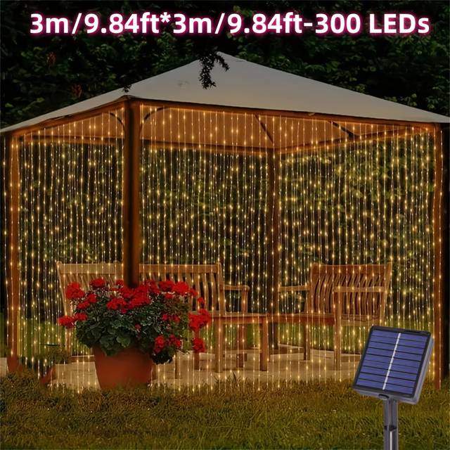 TEMU Yeyayu Solar Curtain String Lights - 100/200/300 Led, 8 Lighting , For Outdoor, Garden, Patio, Wedding, And Holiday Decor, Christmas Fairy Lights, Warm White, Push Button Control, Christmas Decor
