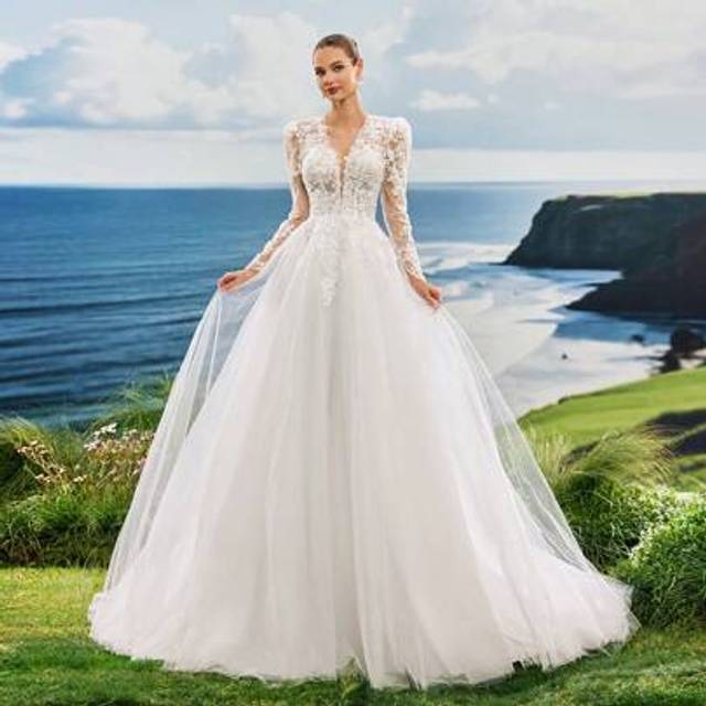 SHEIN Advanced Pearl Embroidered Lace Double Shoulder V-Neck Long Sleeved Aline Mesh Wedding Dress, Gorgeous, Romantic, Elegant Wedding Dress, Lawn Church,