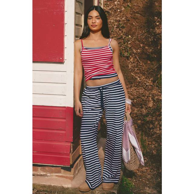 Womens Stripe Ribbed Wide Leg Trouser - Navy - 6
