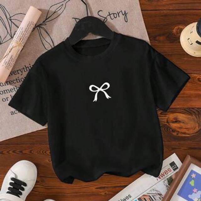 SHEIN Baby Girls&#39; Casual Fashionable Comfortable Cute Bow Decor Short Sleeve T-Shirt, Spring/Summer