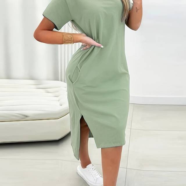 TEMU Women's Casual Asymmetrical Hem T-shirt Dress With Side Slit Pocket - Olive Green, Short Sleeve, Round Neck, Loose Fit For Spring/summer/fall, Casual Summer Dresses